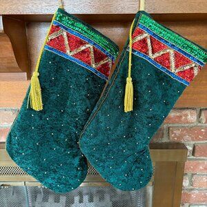 2 Embellished Christmas Stockings Sequins Heavily Beaded Tassle